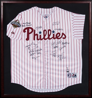 2008 World Series Champions Philadelphia Phillies Team Signed Home Jersey With 21 Signatures In 24x39 Framed Display (MLB Authenticated & Mounted Memories)